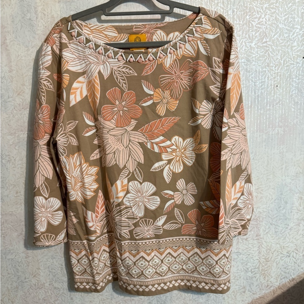 Ruby Rd Brown Floral 3/4 Sleeve Boxy Blouse, SZ XL